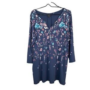 J Jill Wearever Collection Top Womens Large Blue Floral 3/4 Sleeve V Neck Tunic